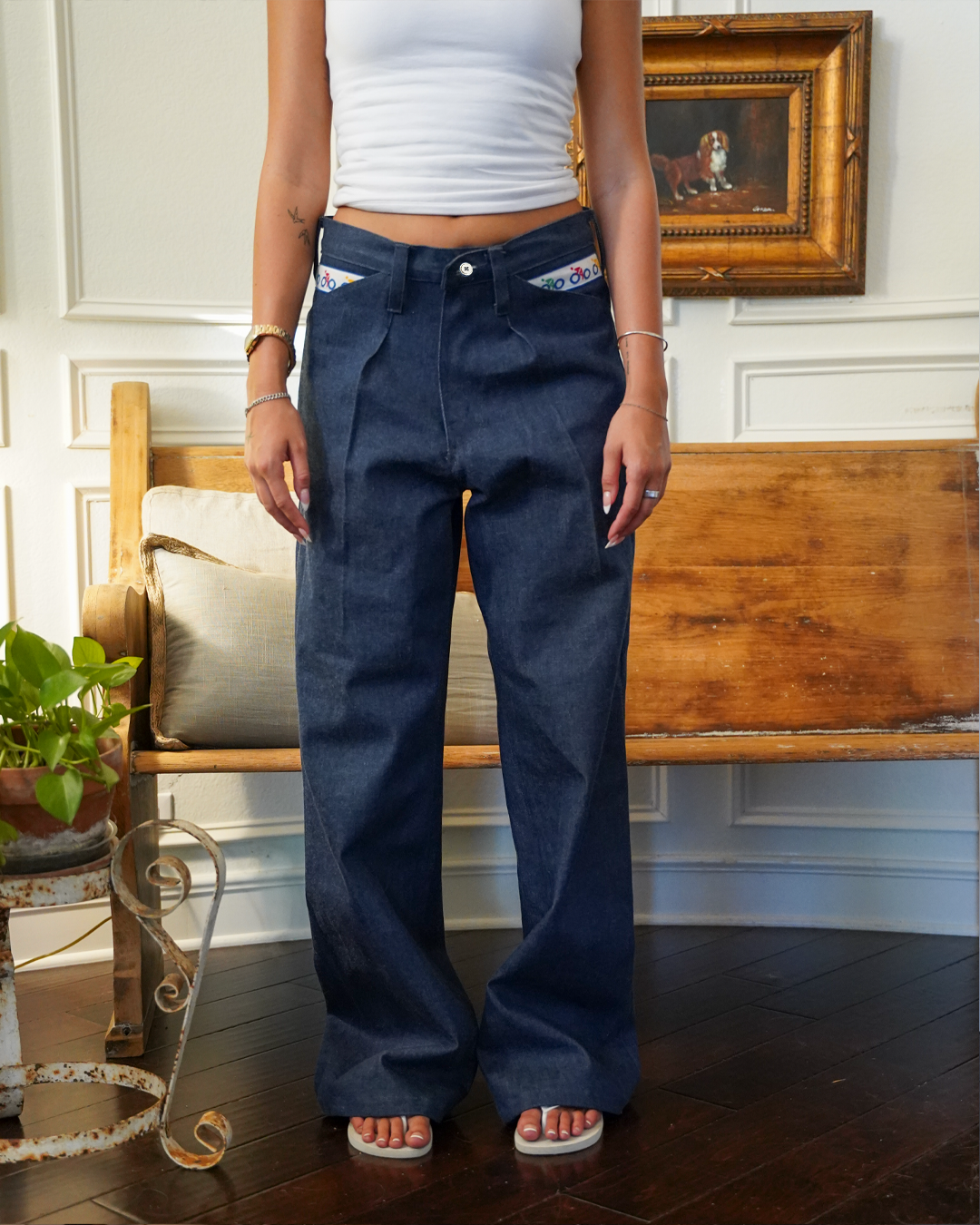 hidden dart pleated denim