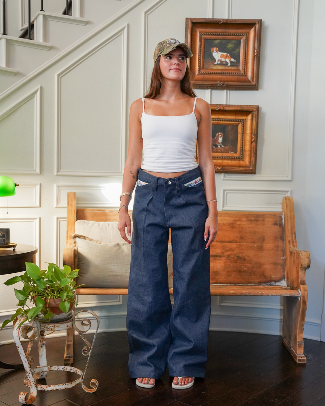 hidden dart pleated denim